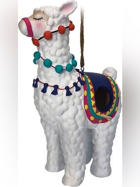 White Decorative Llama Birdhouse with Colorful Saddle and Bead Accents